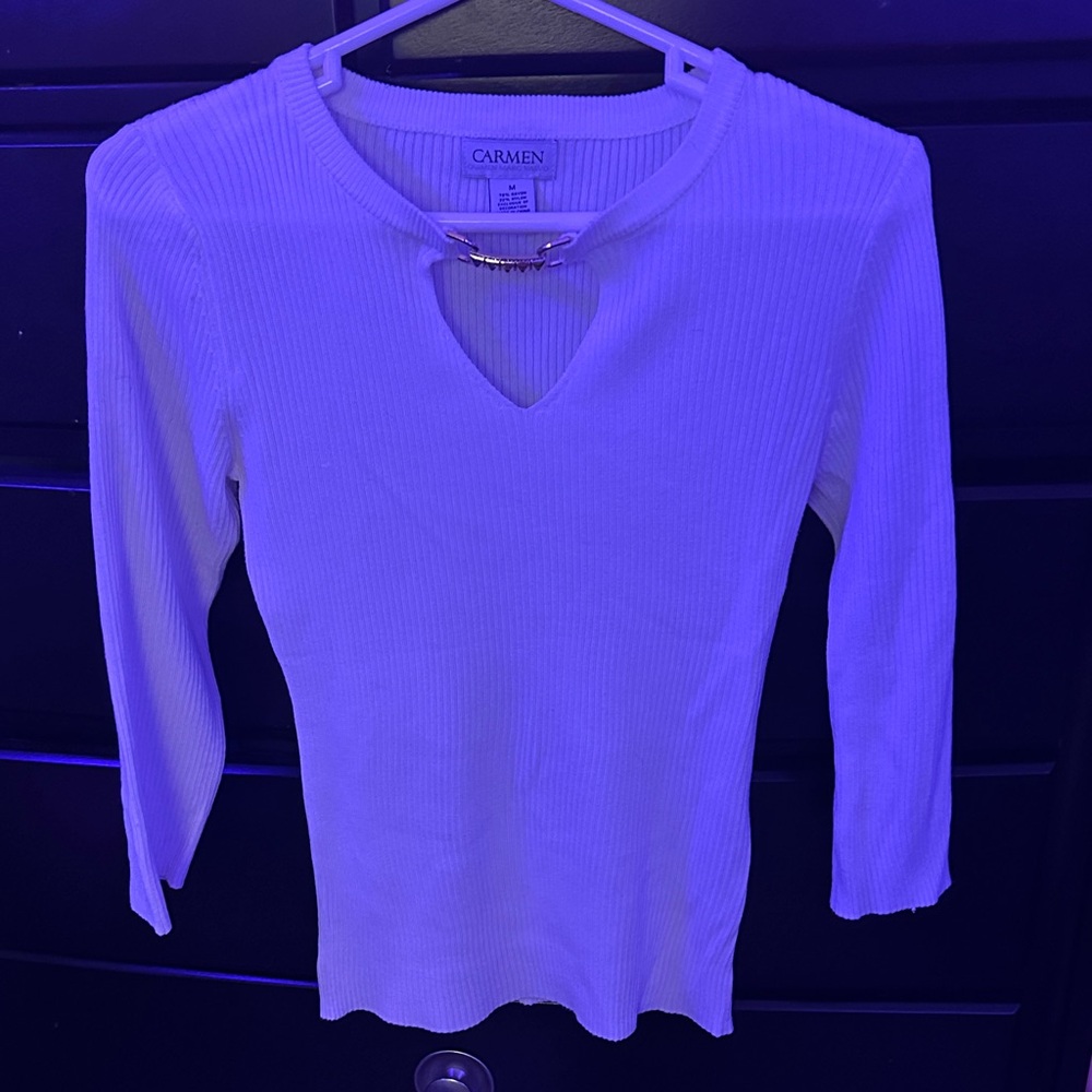 Carmen White Ribbed Long Sleeve Top